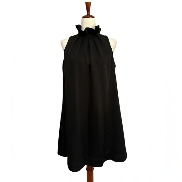 Umgee Ruffle Neck A-line Sleeveless Mini Dress with Bow Tie in Black - Picture 1 of 8